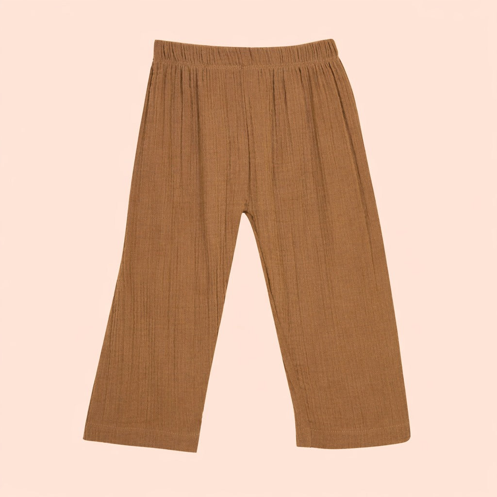 Full Sleeves Collared Shirt with Full Pant – Muslin Gauze Loungewear Set (Brown Color) – Suitable for Kids (1–6 Years)