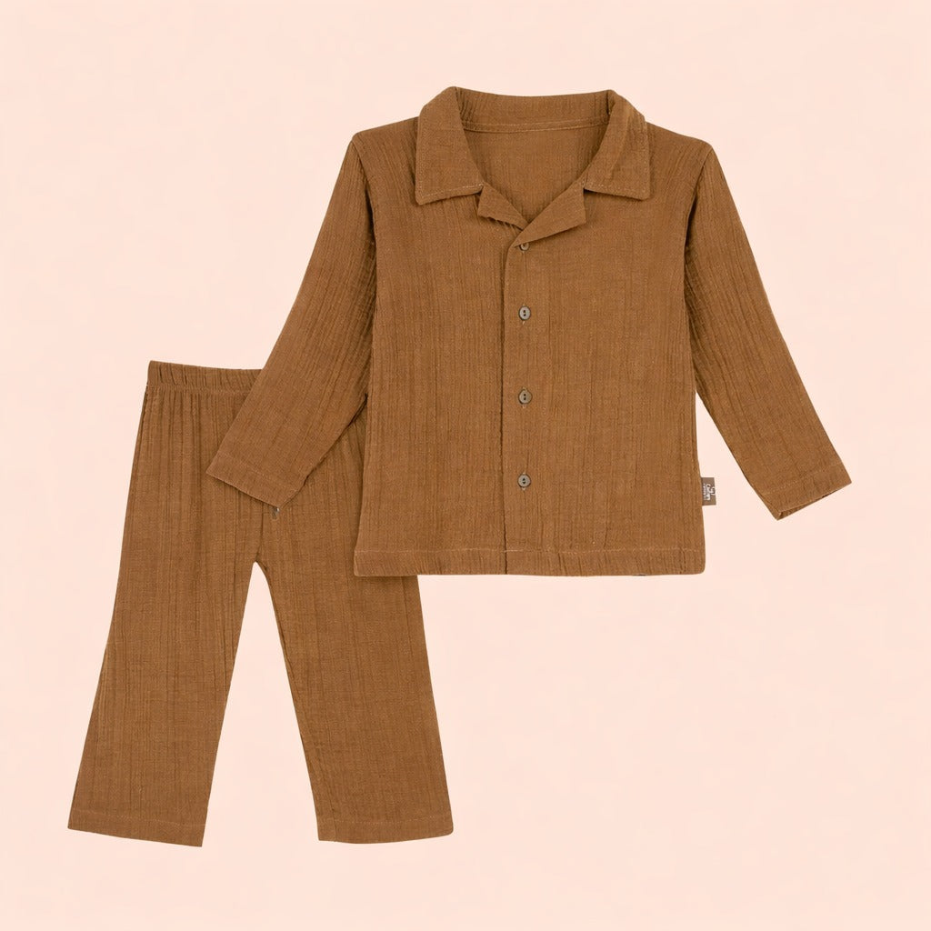 Full Sleeves Collared Shirt with Full Pant – Muslin Gauze Loungewear Set (Brown Color) – Suitable for Kids (1–6 Years)