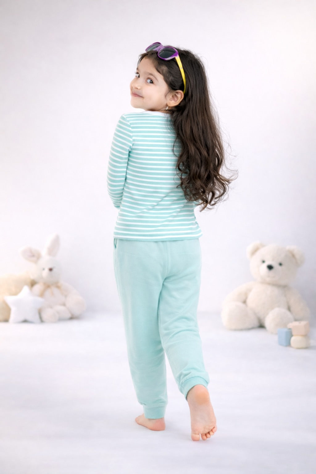 Full sleeves round neck t-shirt with full pants casual wear set – stripe mint green design (2–6 years)