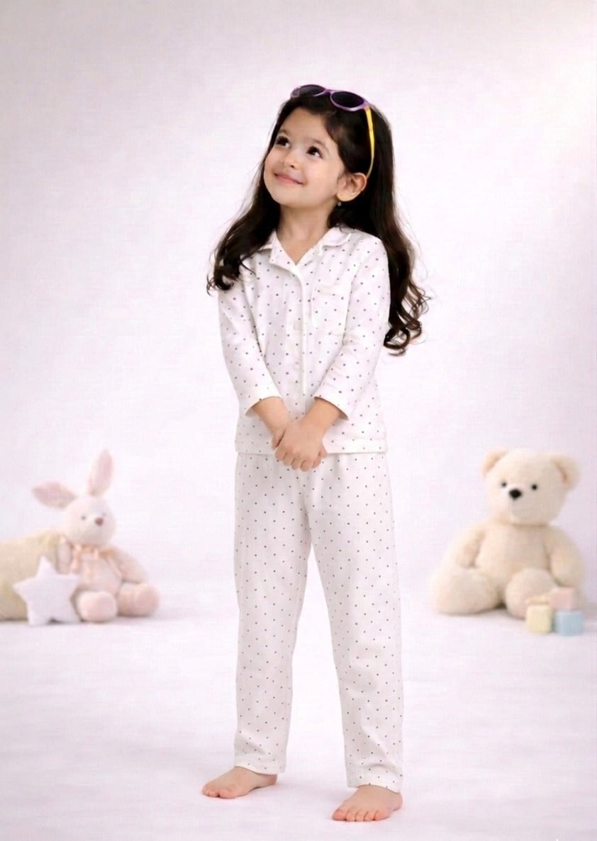 Full Sleeves Collar Shirt with Full Pant Nightwear Set – Peach Base Polka Dot Printed Sleepwear Set (2–6 years)