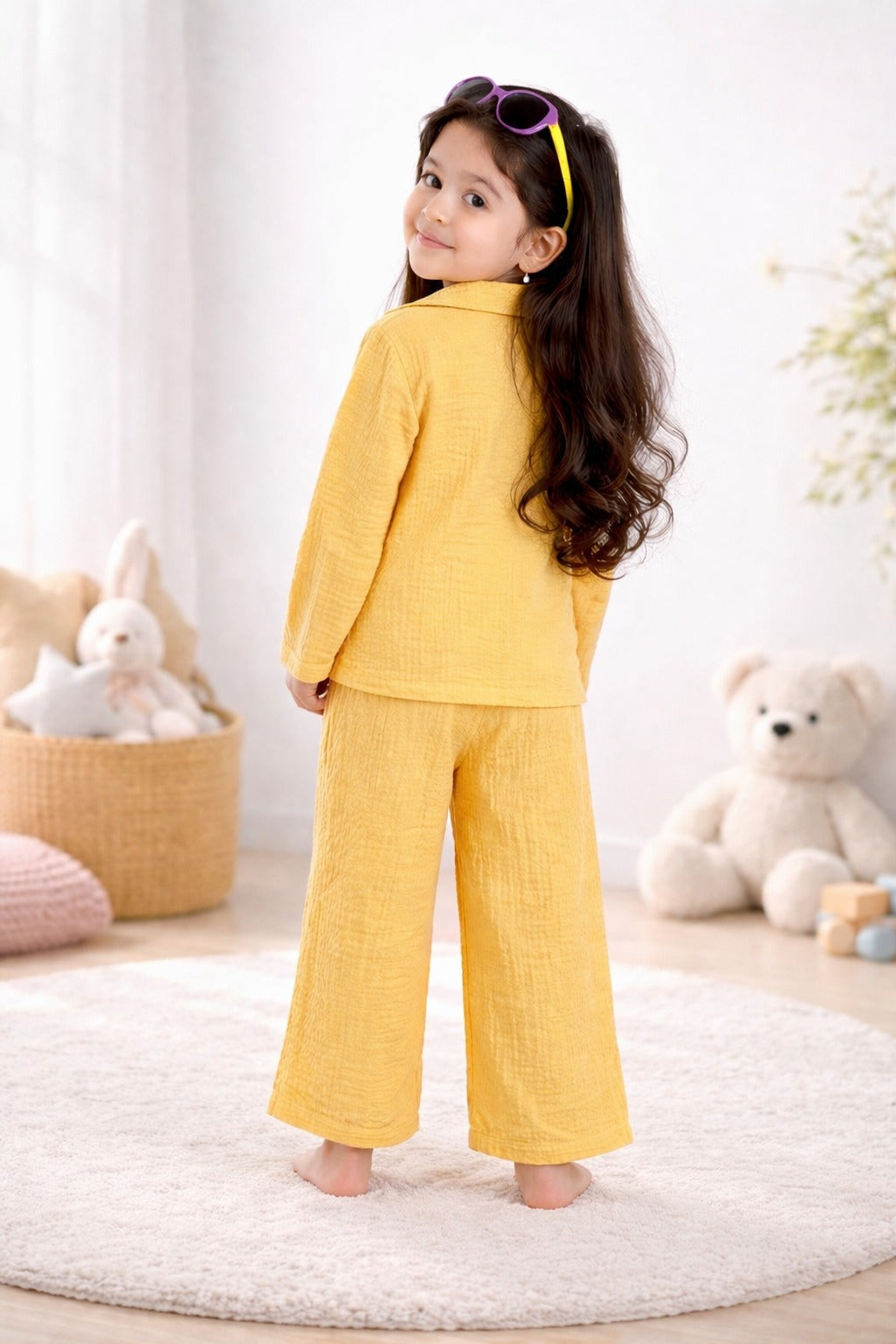 Full Sleeves Collared Shirt with Full Pant – Muslin Gauze Loungewear Set (Yellow Color) – Suitable for Kids (1–6 Years)