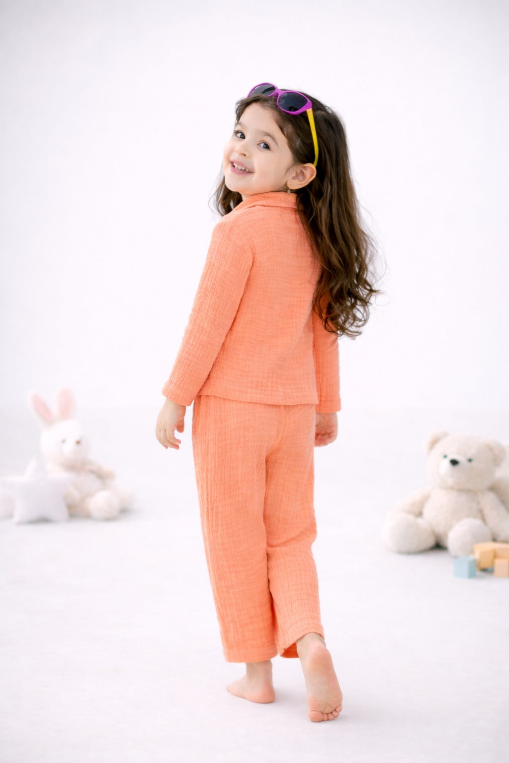 Full Sleeves Collared Shirt with Full Pant – Muslin Gauze Loungewear Set (Peach Color) -Suitable for kids (1-6 years)