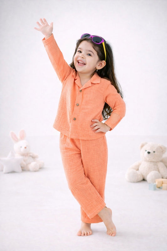 Full Sleeves Collared Shirt with Full Pant – Muslin Gauze Loungewear Set (Peach Color) -Suitable for kids (1-6 years)