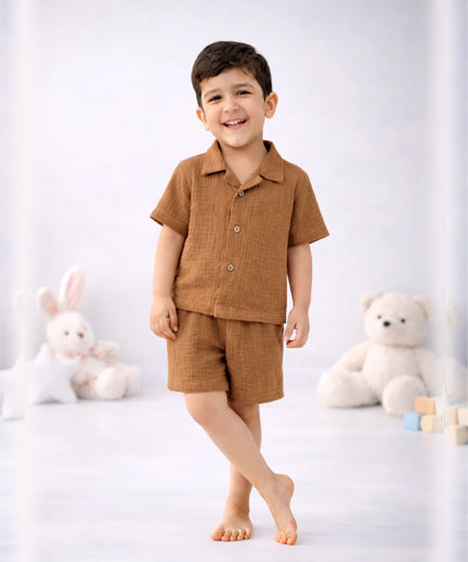 Half Sleeves Collared Shirt with Shorts – Muslin Gauze Loungewear Set (Brown Color) – Suitable for Kids (1–6 Years)