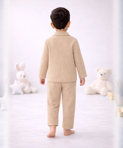 Full Sleeves Collared Shirt with Full Pant – Muslin Gauze Loungewear Set (Beize Color) – Suitable for Kids (1–6 Years)
