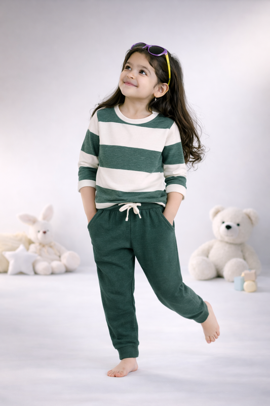 Full Sleeves Round Neck T-Shirt with Full Pants Casual Wear Set – White & Green Stripe Pattern (2–6 years)