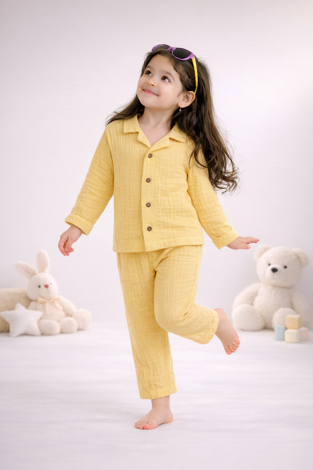 Full Sleeves Collared Shirt with Full Pant – Muslin Gauze Loungewear Set (Yellow Color) – Suitable for Kids (1–6 Years)