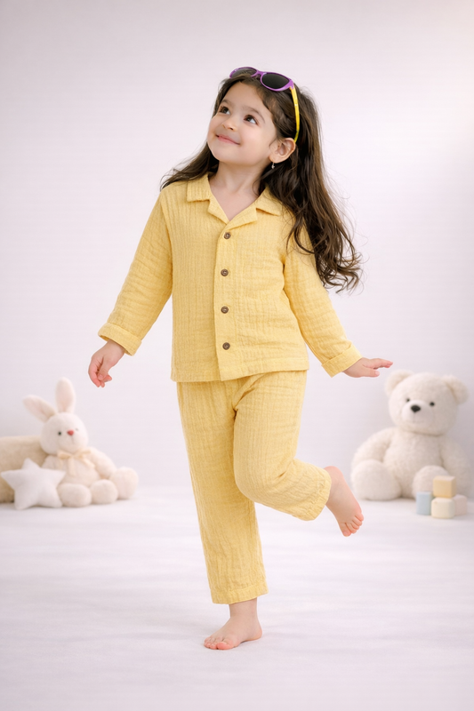Full Sleeves Collared Shirt with Full Pant – Muslin Gauze Loungewear Set (Yellow Color) – Suitable for Kids (1–6 Years)