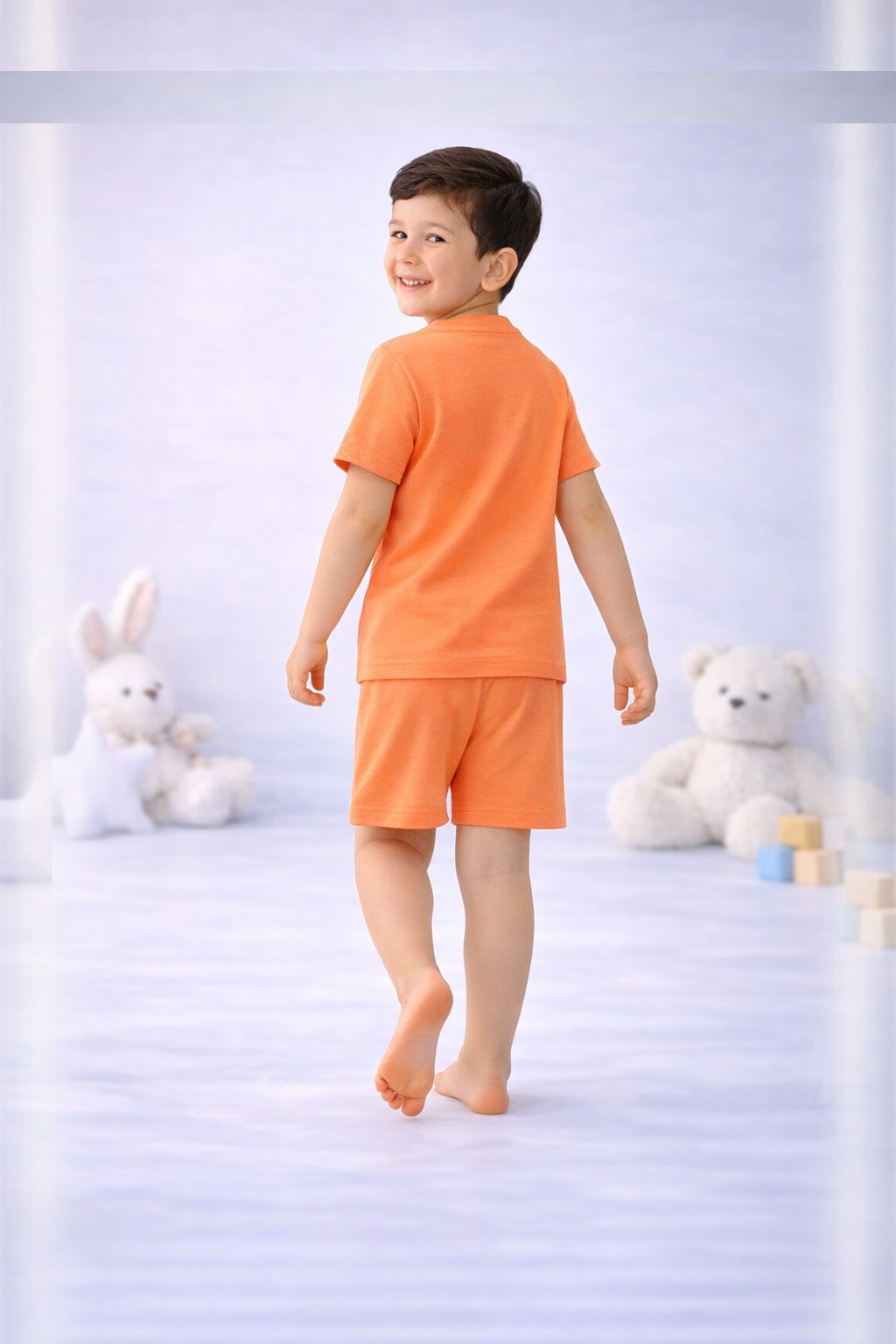 Round Neck T-Shirt with Shorts – Cotton Casual Wear Set (Orange & Road Trip) – Suitable for Kids (2–6 Years)