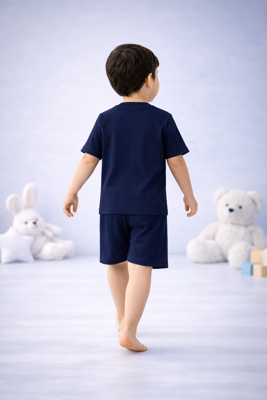 Round Neck T-Shirt with Shorts – Cotton Casual Wear Set (Dark Blue & Love me) – Suitable for Kids (2–6 Years)