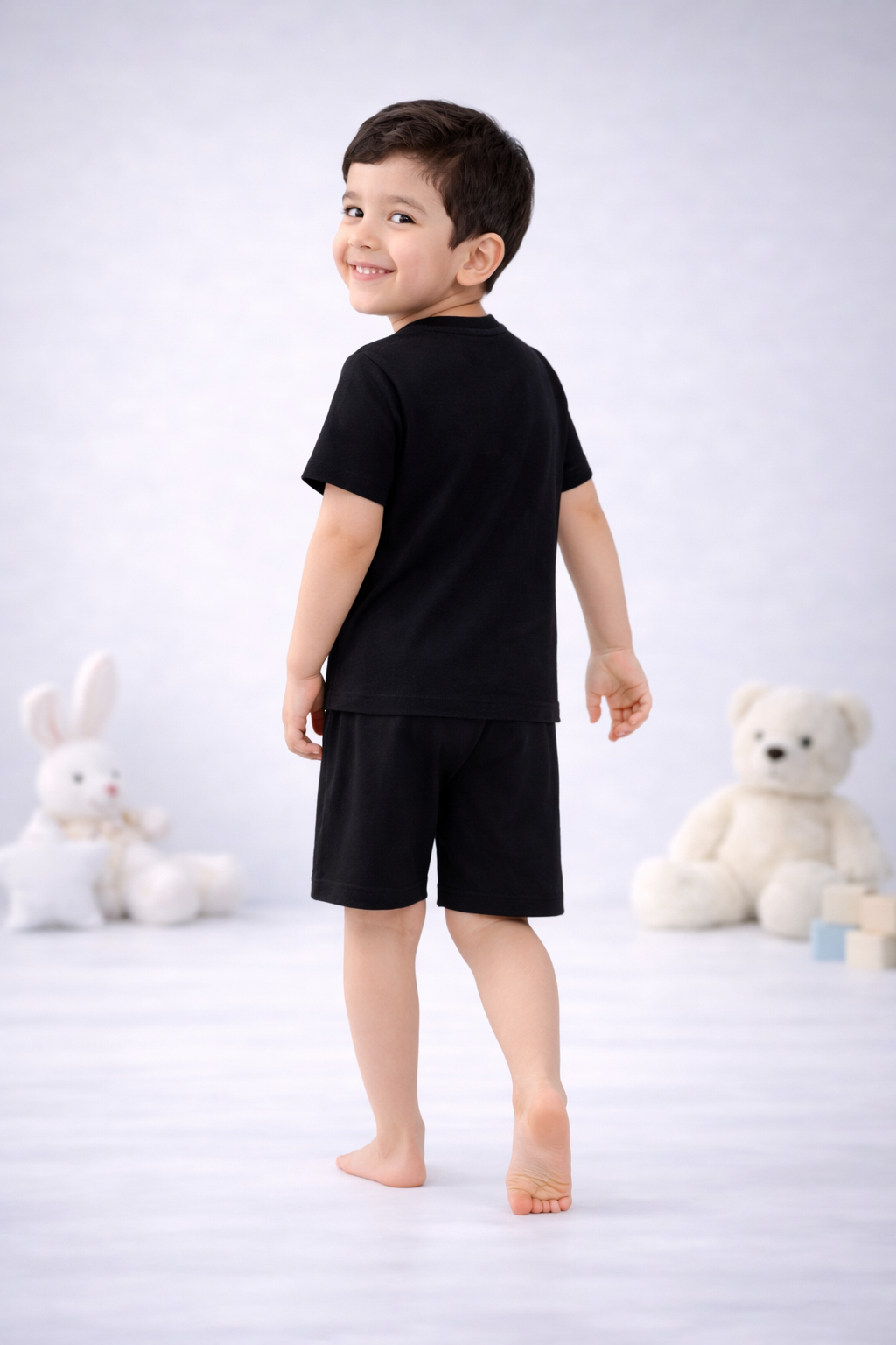 Round Neck T-Shirt with Shorts – Cotton Casual Wear Set (Black & Bear Boy) – Suitable for Kids (2–6 Years)