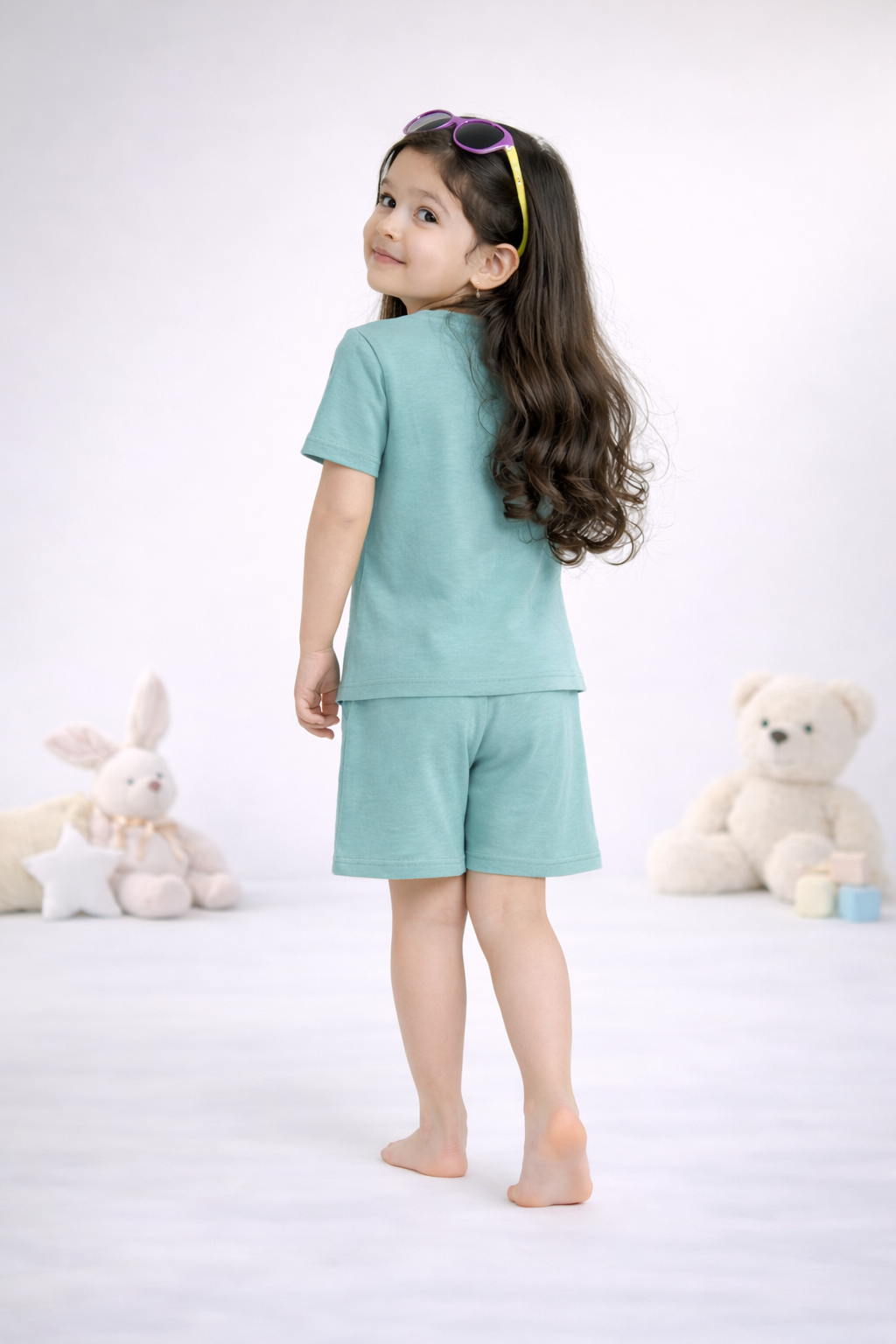 Round Neck T-Shirt with Shorts – Cotton Casual Wear Set (Light Green & Bear) – Suitable for Kids (2–6 Years)