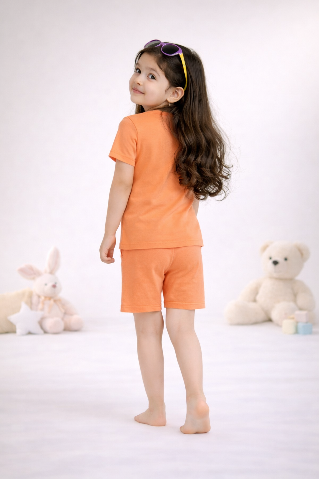 Round Neck T-Shirt with Shorts – Cotton Casual Wear Set (Orange & Vroom) – Suitable for Kids (2–6 Years)