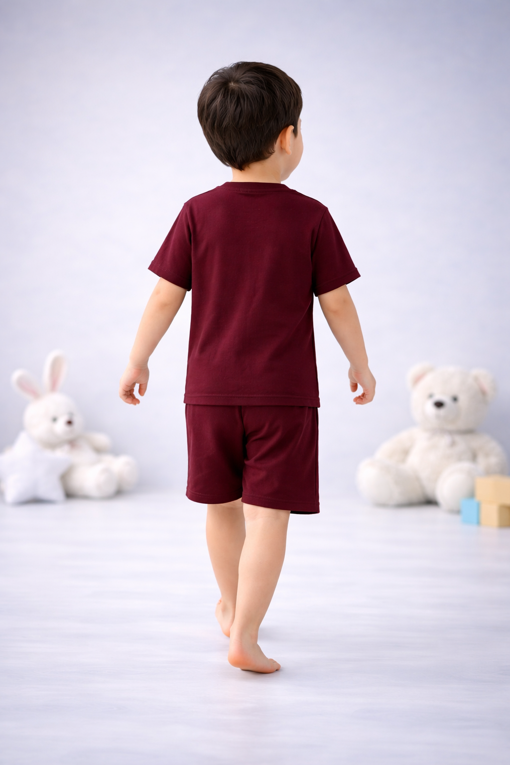 Round Neck T-Shirt with Shorts – Cotton Casual Wear Set (Burgandy) – Suitable for Kids (2–6 Years)