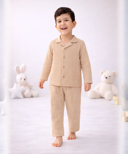 Full Sleeves Collared Shirt with Full Pant – Muslin Gauze Loungewear Set (Beize Color) – Suitable for Kids (1–6 Years)