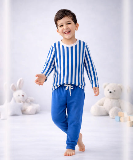 Full Sleeves Round Neck T-Shirt with Full Pants Casual Wear Set – Blue & White Stripe Pattern (2–6 years)