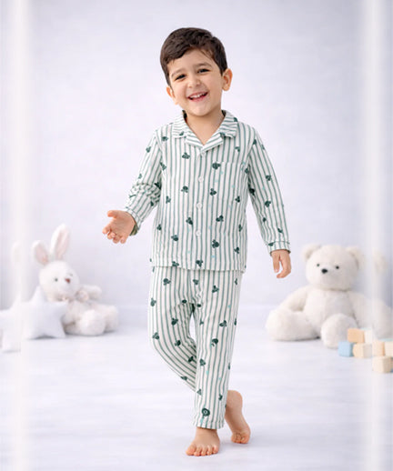 Full Sleeves Collar Shirt & Full Pant Nightwear Set – Printed Stripe Design (2–6 years)