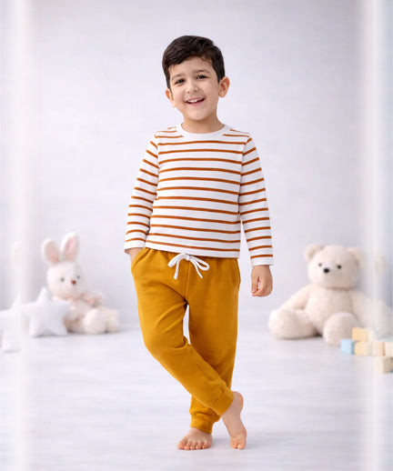 Full Sleeves Round Neck T-Shirt with Full Pants Casual Wear Set – Stripe Mustard (2–6 years)