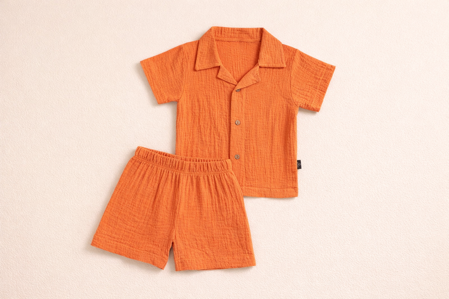 Half Sleeves Collared Shirt with Shorts – Muslin Gauze Loungewear Set (Orange Color) – Suitable for Kids (1–6 Years)