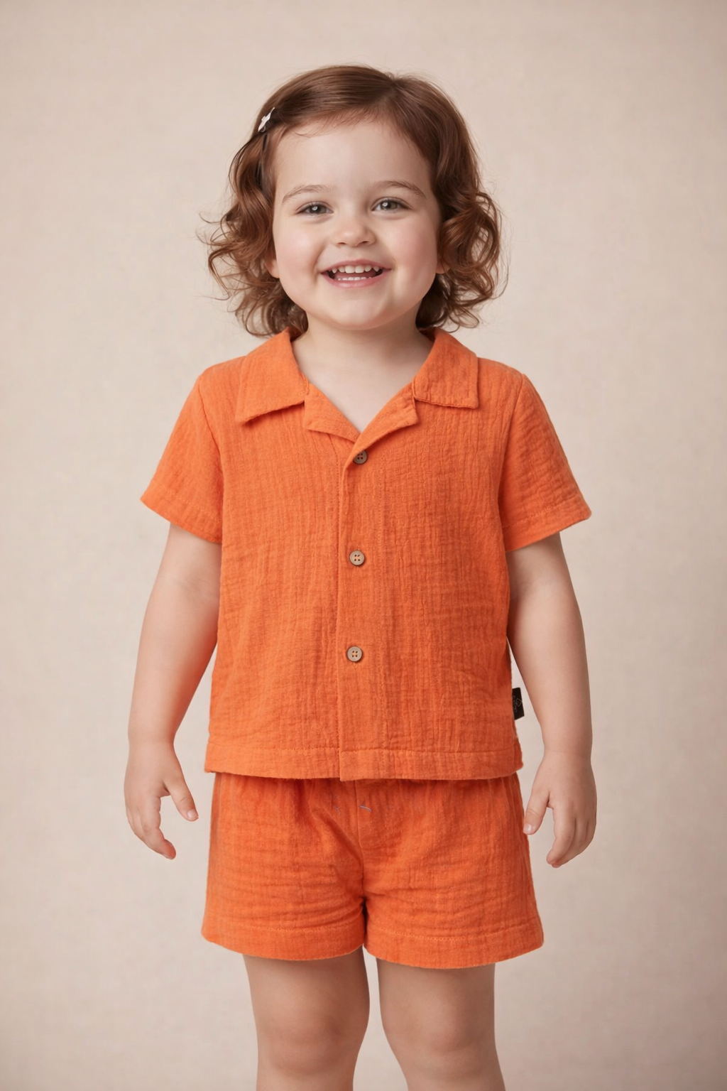 Half Sleeves Collared Shirt with Shorts – Muslin Gauze Loungewear Set (Orange Color) – Suitable for Kids (1–6 Years)