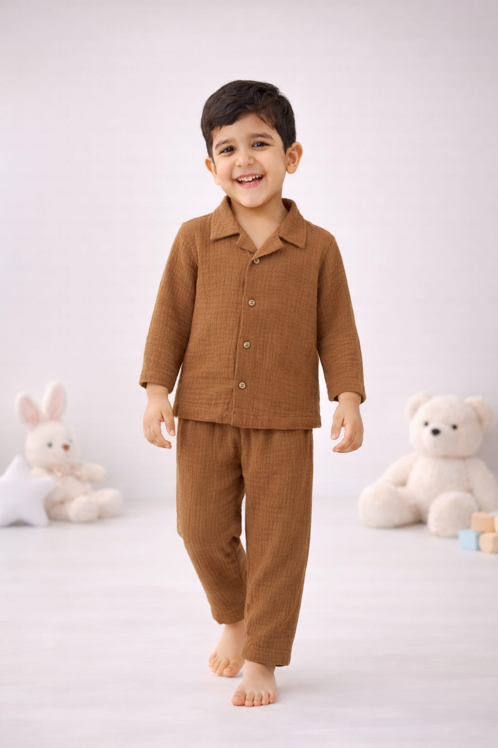 Full Sleeves Collared Shirt with Full Pant – Muslin Gauze Loungewear Set (Brown Color) – Suitable for Kids (1–6 Years)
