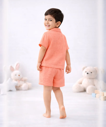 Half Sleeves Collared Shirt with Shorts – Muslin Gauze Loungewear Set (Peach Color) – Suitable for Kids (1–6 Years)