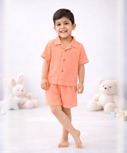 Half Sleeves Collared Shirt with Shorts – Muslin Gauze Loungewear Set (Peach Color) – Suitable for Kids (1–6 Years)