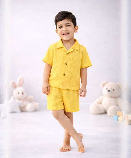 Half Sleeves Collared Shirt with Shorts – Muslin Gauze Loungewear Set (Yellow Color) – Suitable for Kids (1–6 Years)