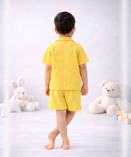 Half Sleeves Collared Shirt with Shorts – Muslin Gauze Loungewear Set (Yellow Color) – Suitable for Kids (1–6 Years)