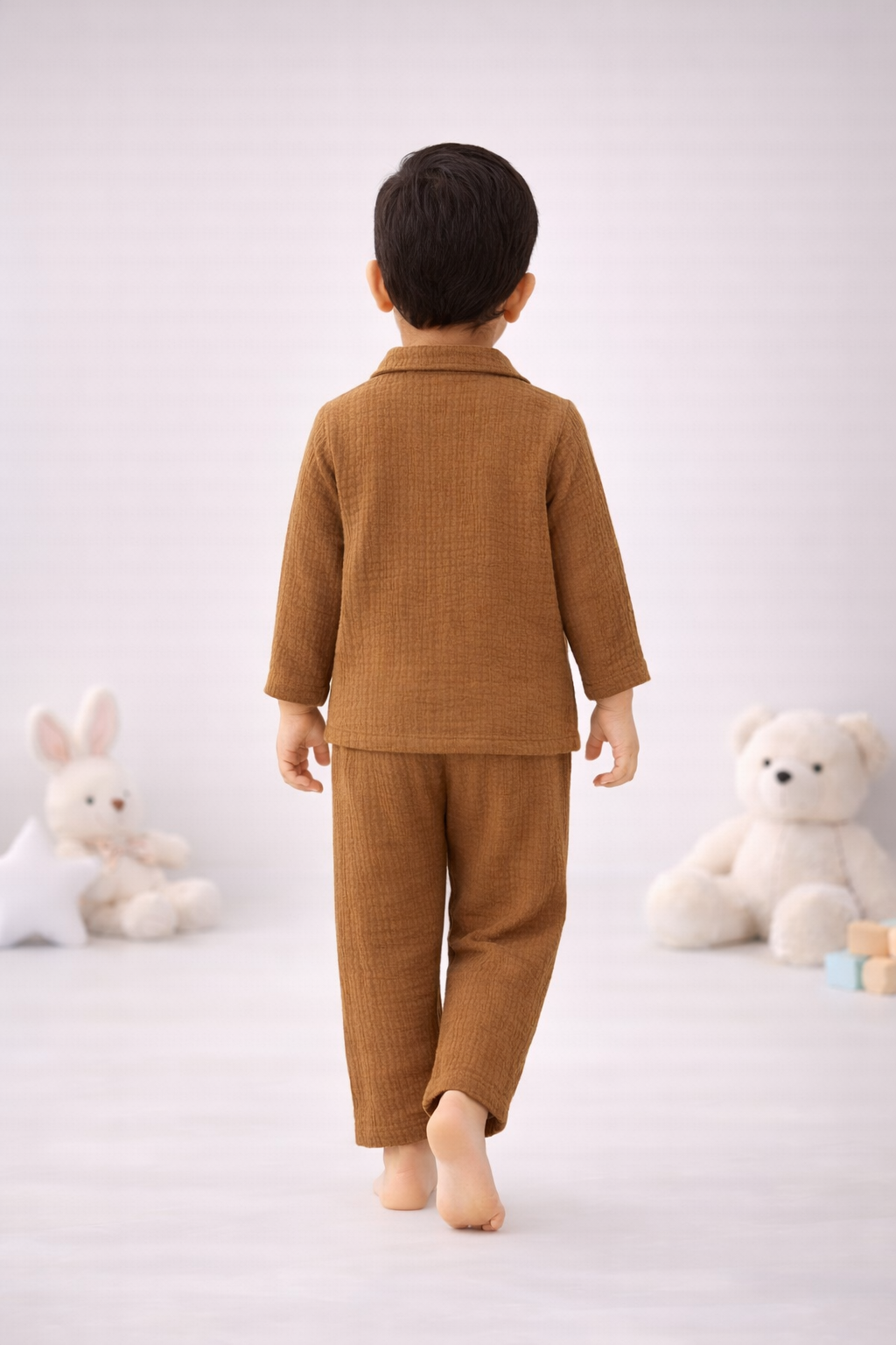 Full Sleeves Collared Shirt with Full Pant – Muslin Gauze Loungewear Set (Brown Color) – Suitable for Kids (1–6 Years)