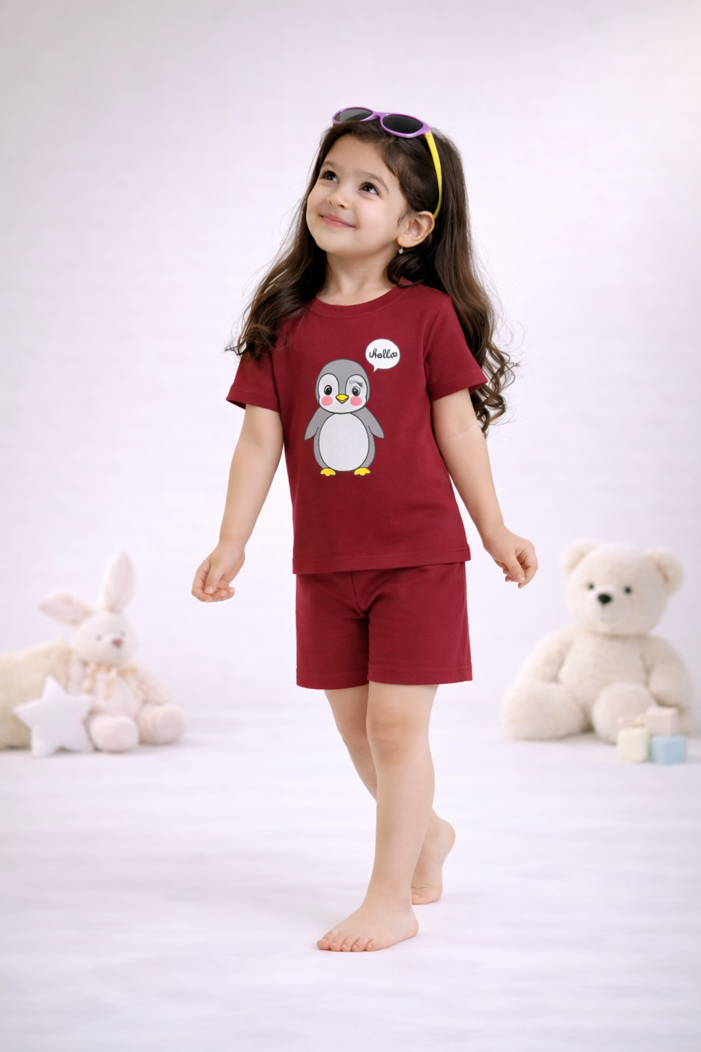 Round Neck T-Shirt with Shorts – Cotton Casual Wear Set (Red & Hello) – Suitable for Kids (2–6 Years)