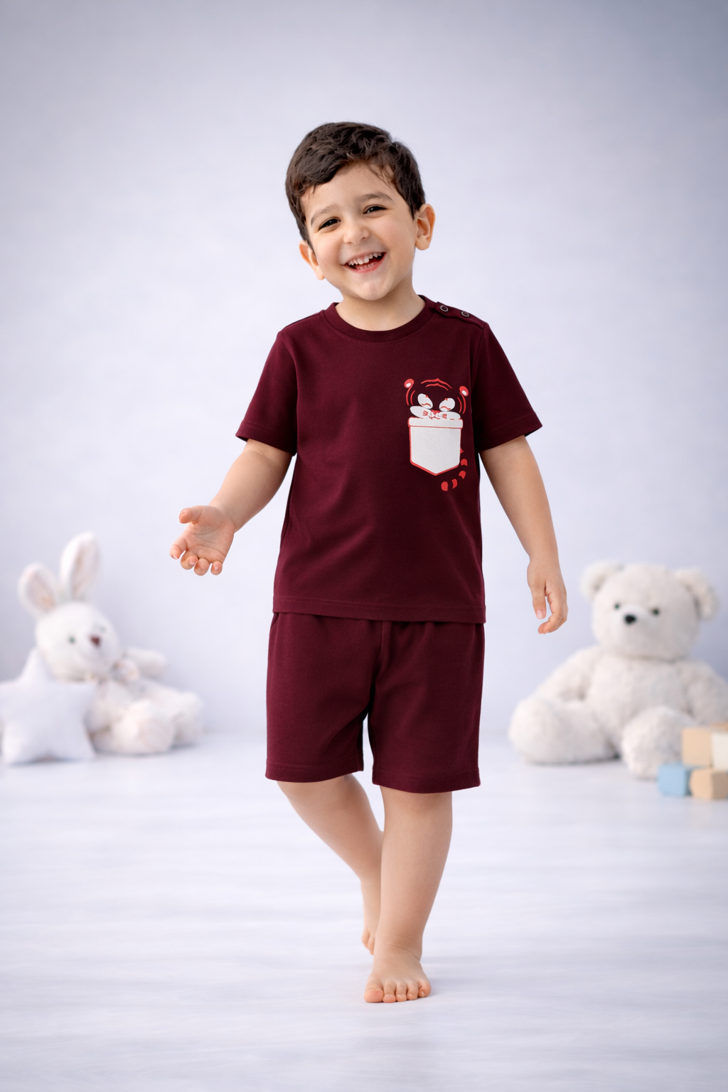Round Neck T-Shirt with Shorts – Cotton Casual Wear Set (Burgandy) – Suitable for Kids (2–6 Years)