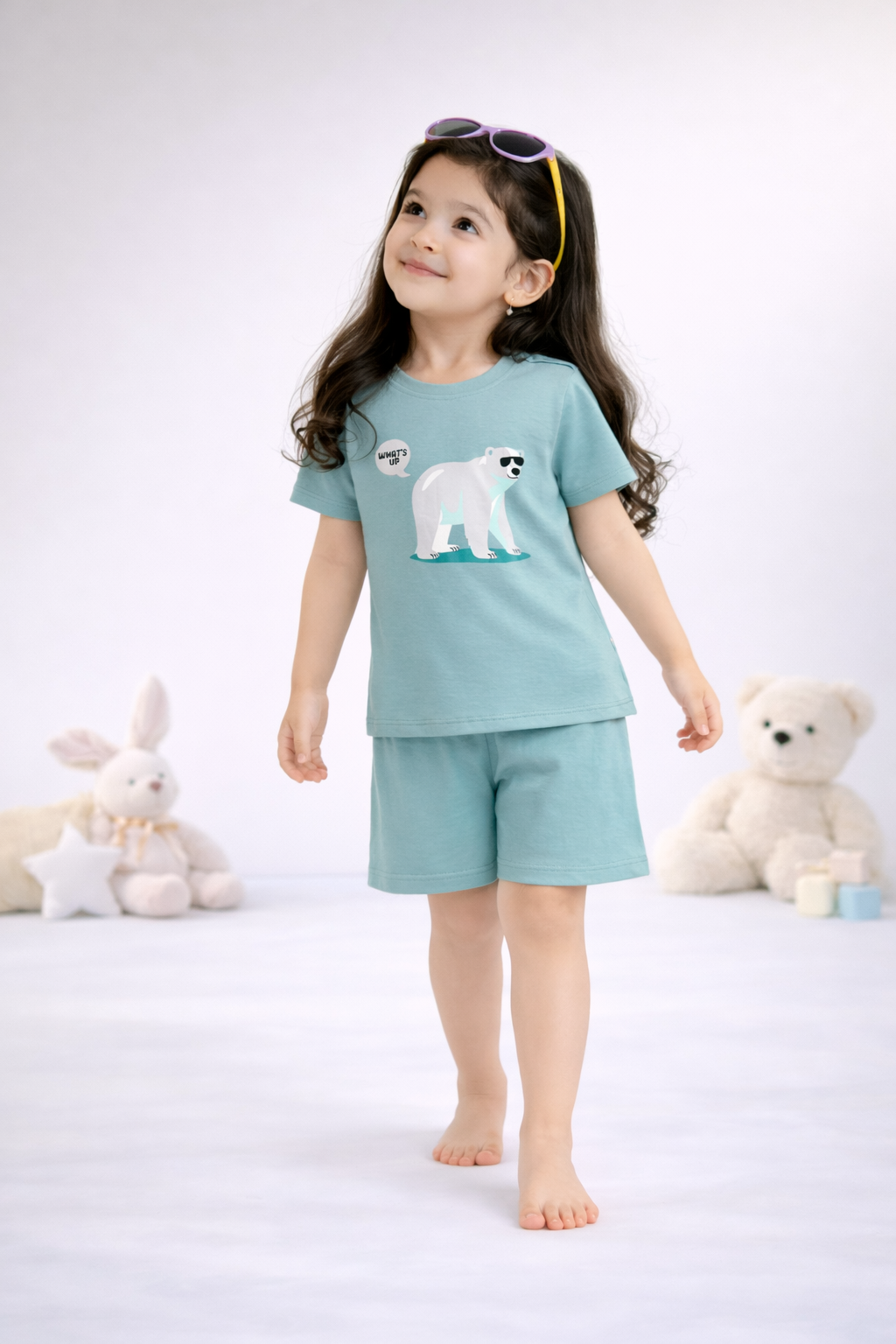 Round Neck T-Shirt with Shorts – Cotton Casual Wear Set (Light Green & Bear) – Suitable for Kids (2–6 Years)
