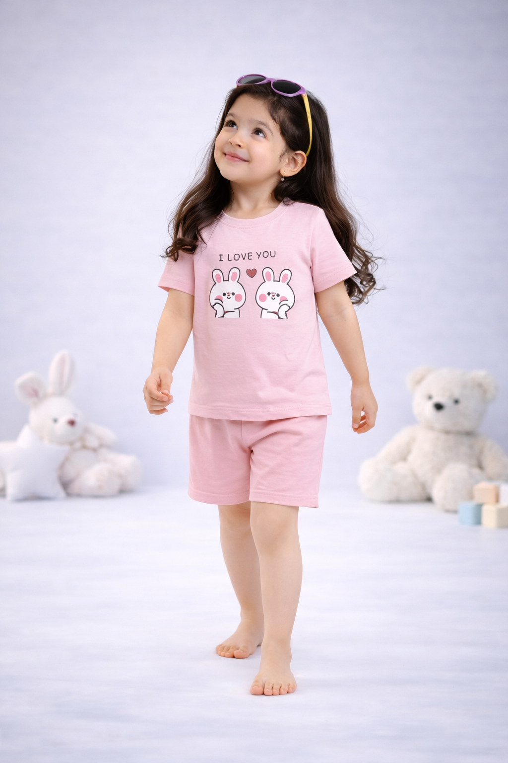 Round Neck T-Shirt with Shorts – Cotton Casual Wear Set (Pink & I Love You) – Suitable for Kids (2–6 Years)
