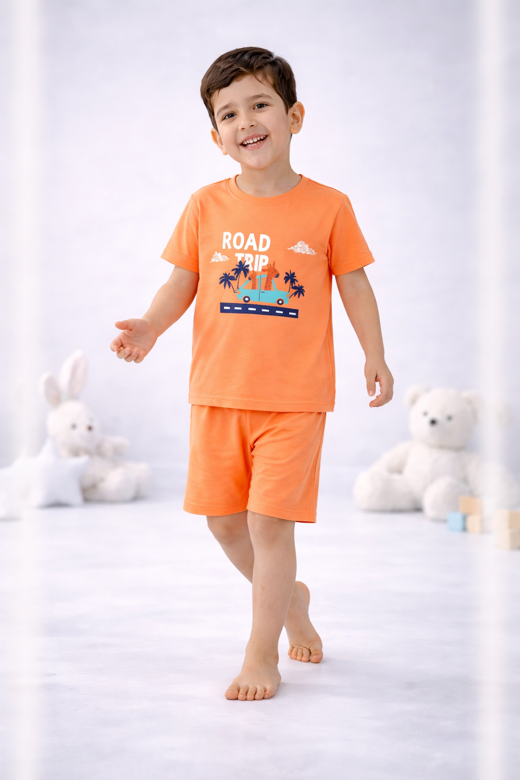 Round Neck T-Shirt with Shorts – Cotton Casual Wear Set (Orange & Road Trip) – Suitable for Kids (2–6 Years)