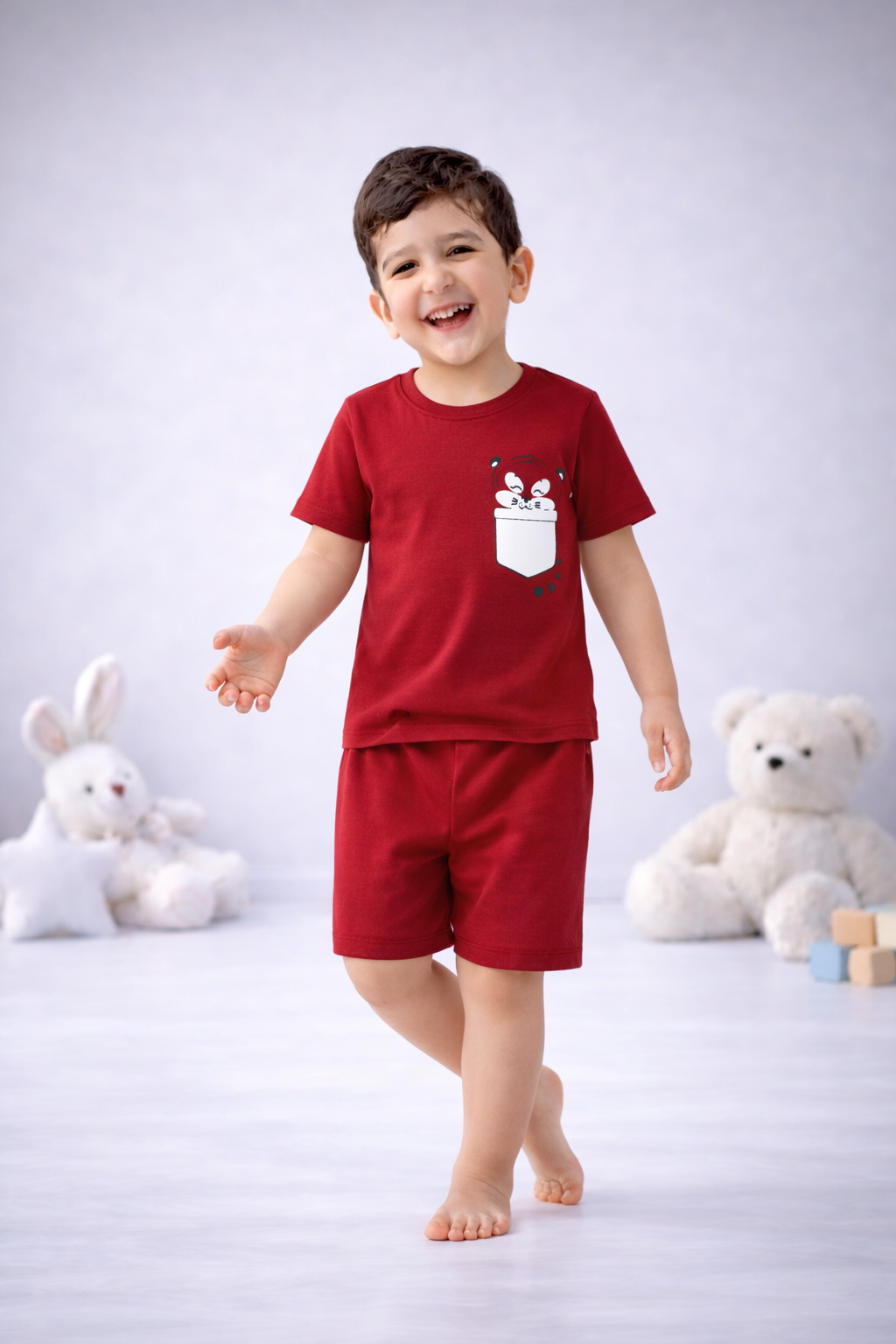 Round Neck T-Shirt with Shorts – Cotton Casual Wear Set (Red & Tiger ) – Suitable for Kids (2–6 Years)