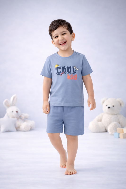 Round Neck T-Shirt with Shorts – Cotton Casual Wear Set (Light Blue & Cool Kid ) – Suitable for Kids (2–6 Years)