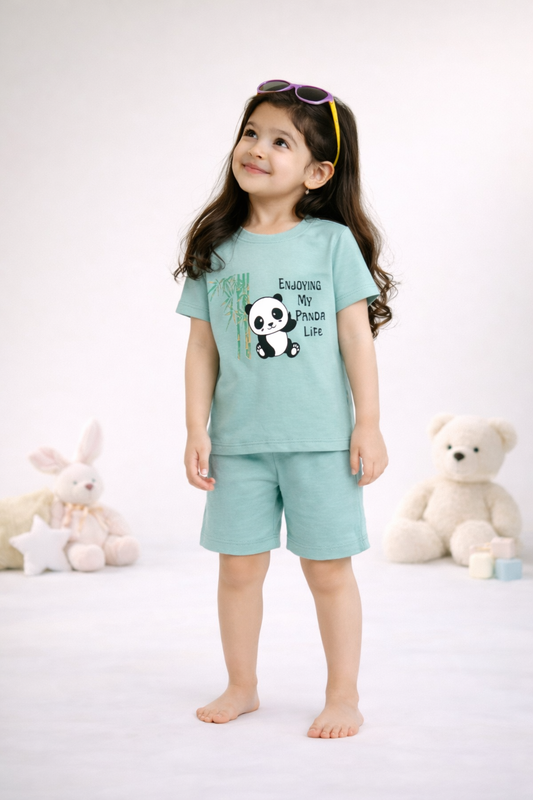 Round Neck T-Shirt with Shorts – Cotton Casual Wear Set (Light Green & Enjoy My Panda Life) – Suitable for Kids (2–6 Years)