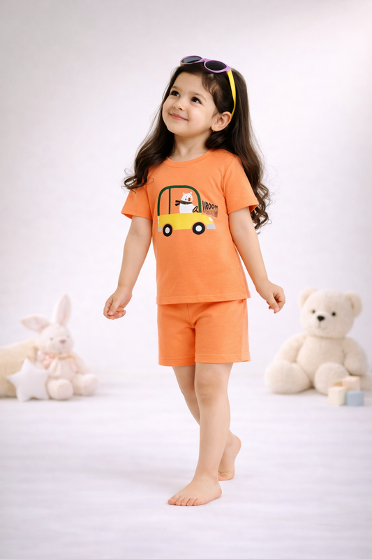 Round Neck T-Shirt with Shorts – Cotton Casual Wear Set (Orange & Vroom) – Suitable for Kids (2–6 Years)