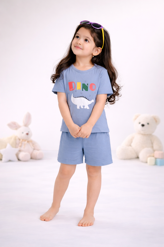 Round Neck T-Shirt with Shorts – Cotton Casual Wear Set (Light Blue & Dino) – Suitable for Kids (2–6 Years)
