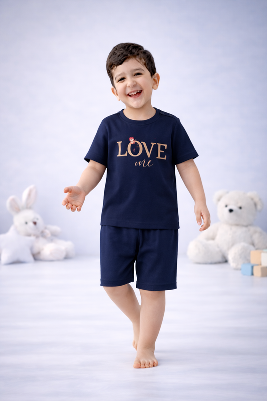 Round Neck T-Shirt with Shorts – Cotton Casual Wear Set (Dark Blue & Love me) – Suitable for Kids (2–6 Years)