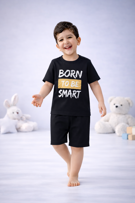 Round Neck T-Shirt with Shorts – Cotton Casual Wear Set (Black & Born To Be Smart) – Suitable for Kids (2–6 Years)