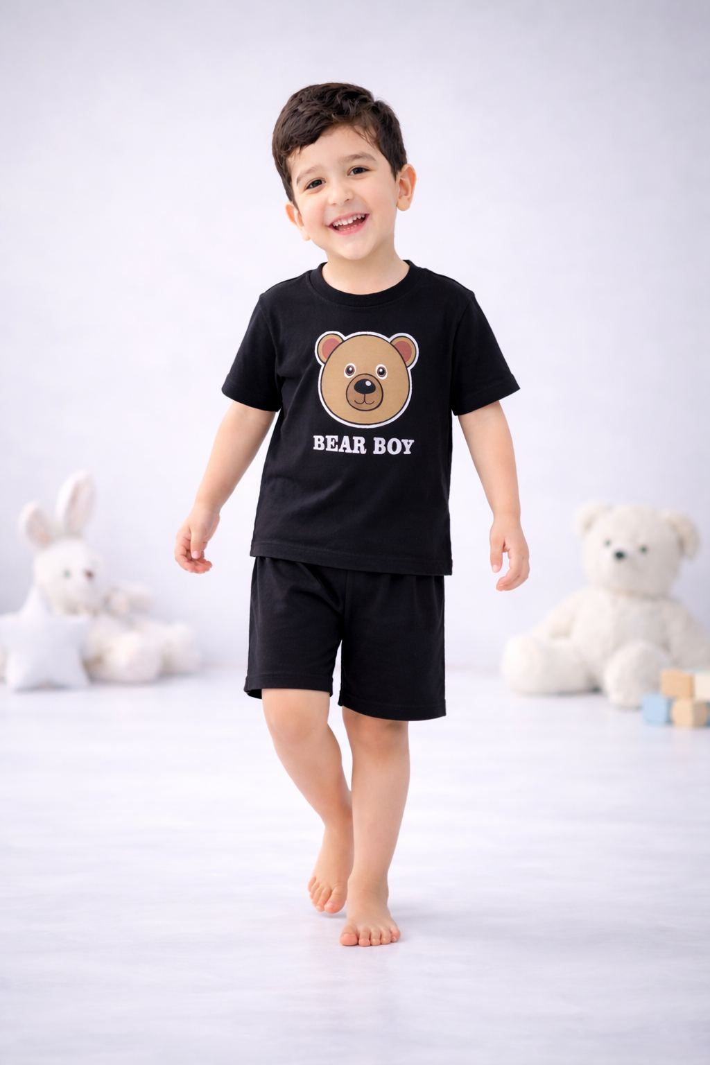 Round Neck T-Shirt with Shorts – Cotton Casual Wear Set (Black & Bear Boy) – Suitable for Kids (2–6 Years)