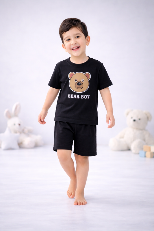 Round Neck T-Shirt with Shorts – Cotton Casual Wear Set (Black & Bear Boy) – Suitable for Kids (2–6 Years)