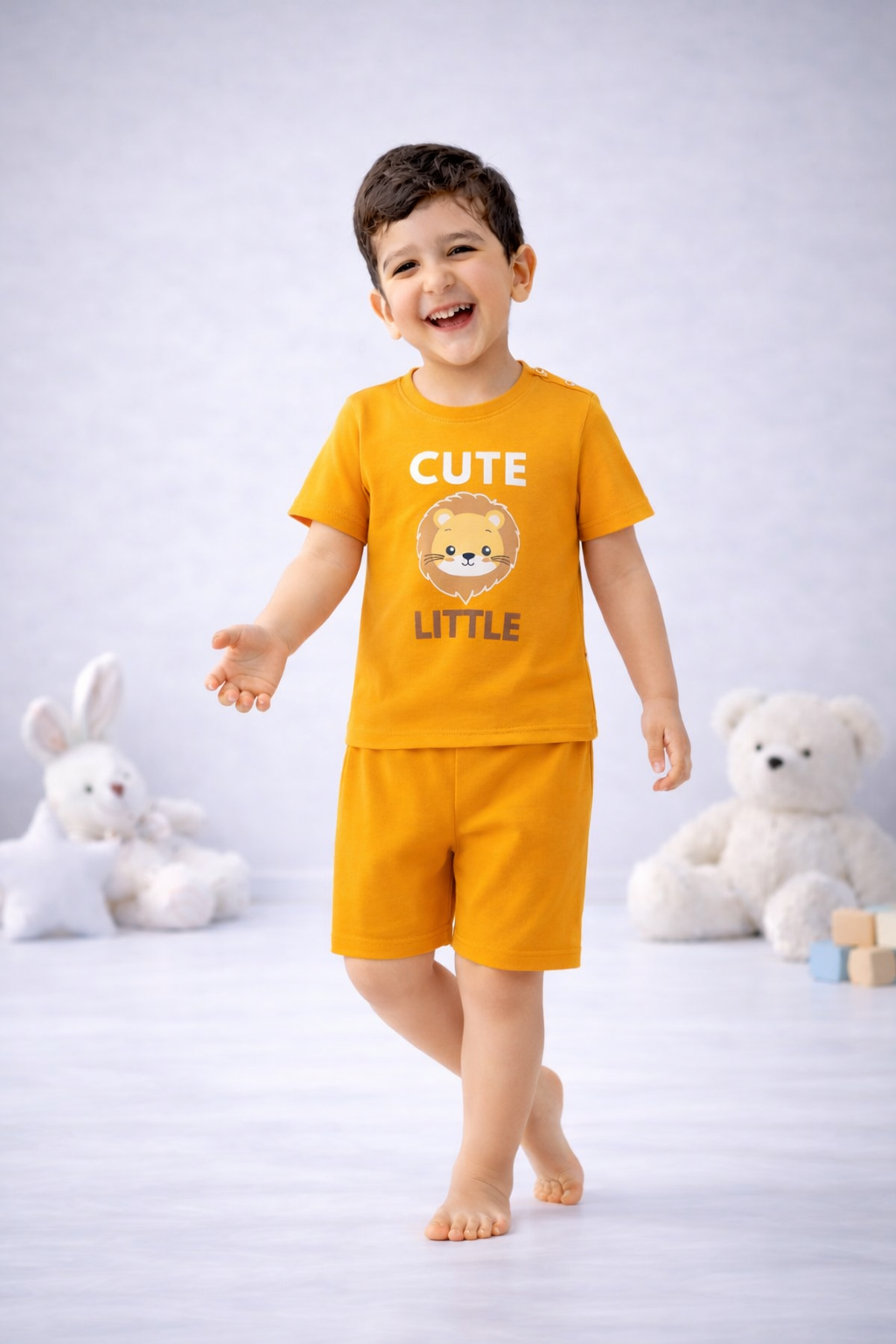 Round Neck T-Shirt with Shorts – Cotton Casual Wear Set (yellow & cute little) – Suitable for Kids (2–6 Years)