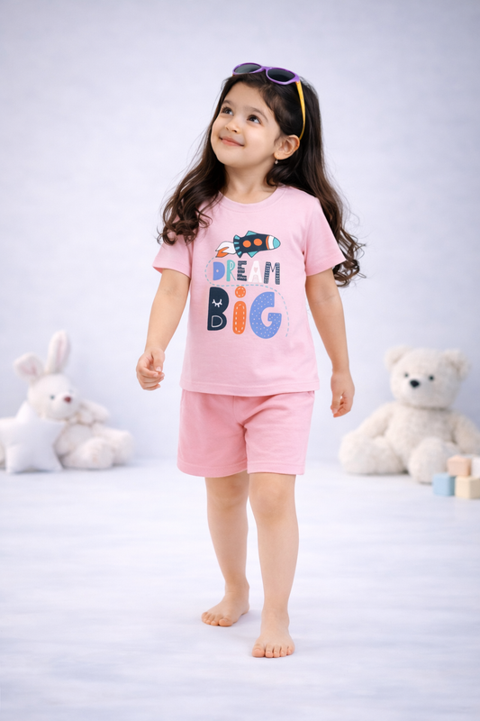 Round Neck T-Shirt with Shorts – Cotton Casual Wear Set (Pink & Dream Big ) – Suitable for Kids (2–6 Years)