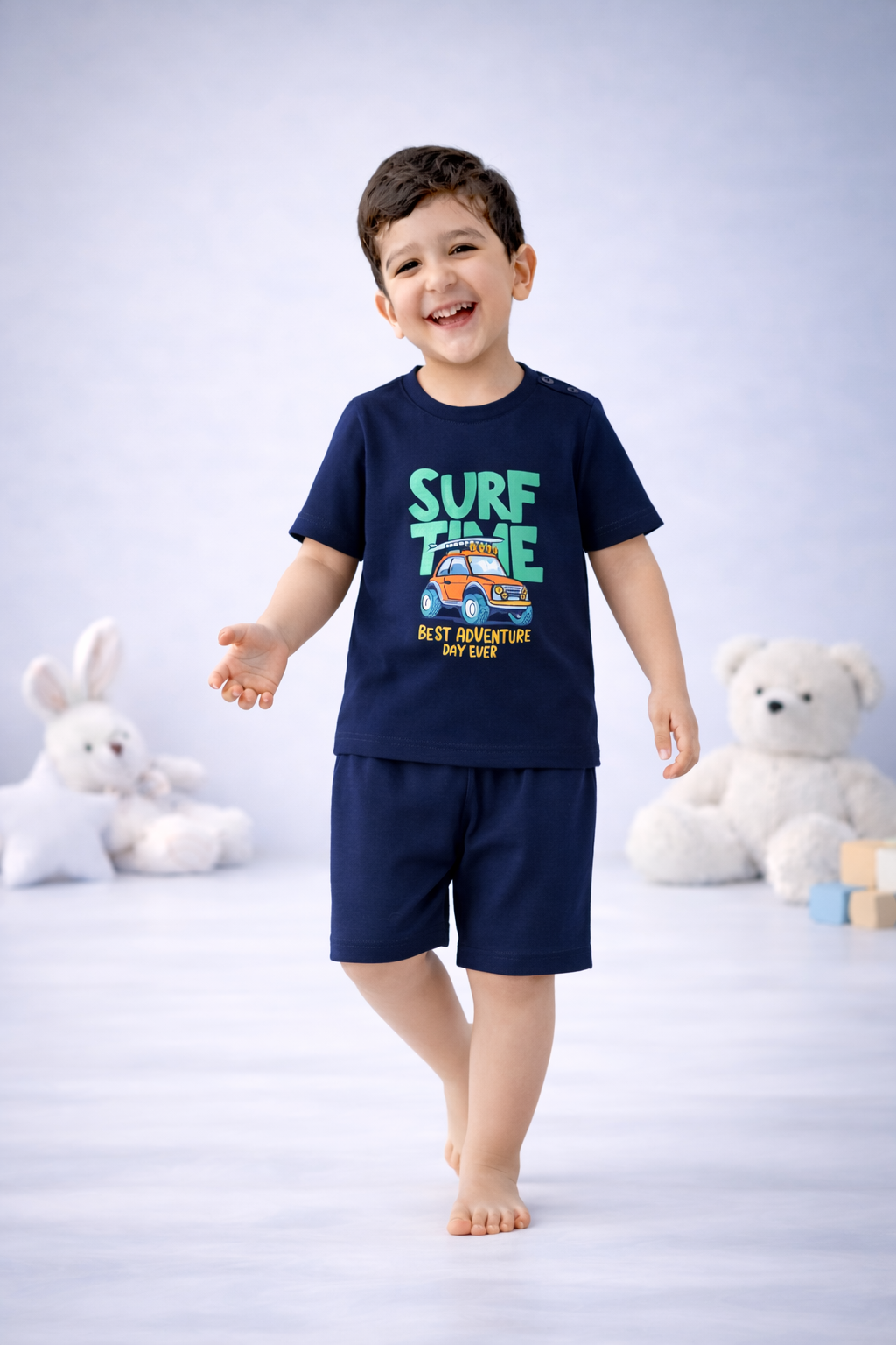 Round Neck T-Shirt with Shorts – Cotton Casual Wear Set (Dark Blue & Surf Time ) – Suitable for Kids (2–6 Years)