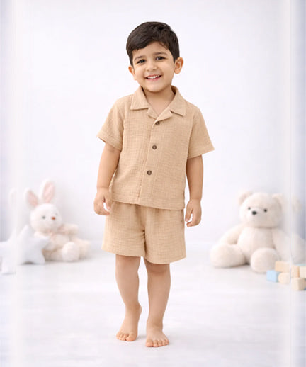Half Sleeves Collared Shirt with Shorts – Muslin Gauze Loungewear Set (Beize Color) – Suitable for Kids (1–6 Years)