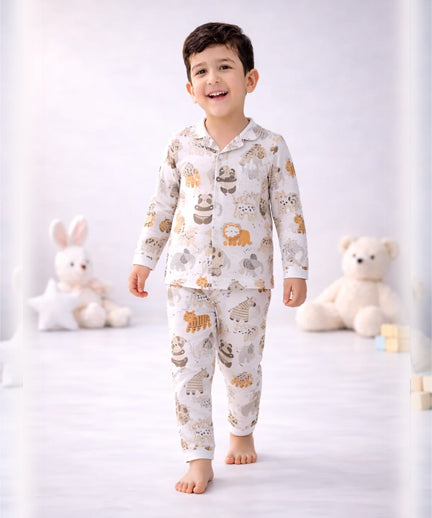 Full Sleeves Collar Shirt with Full Pant Nightwear Set – Safari Animal Print Sleepwear for Kids (2–6 years)
