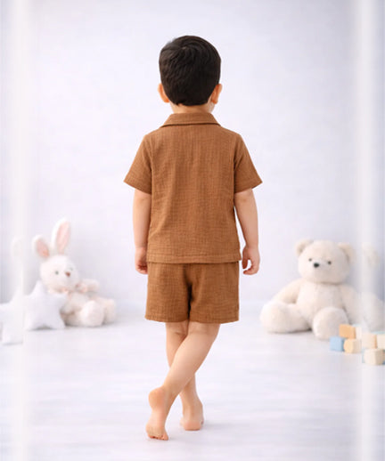 Half Sleeves Collared Shirt with Shorts – Muslin Gauze Loungewear Set (Brown Color) – Suitable for Kids (1–6 Years)